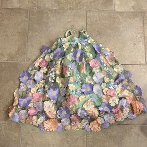 Floral Embroidered A-Line Skirt in Pastel Multi with babys breath crown & flats